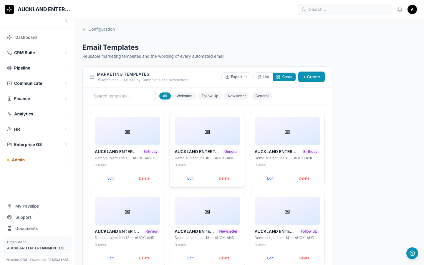 The Email Templates list, showing saved templates with their type and a preview