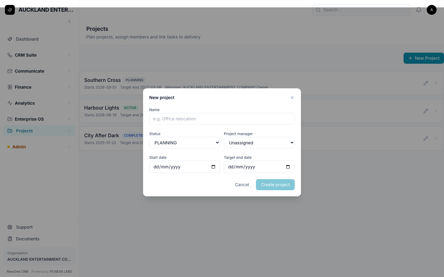 The New Project form