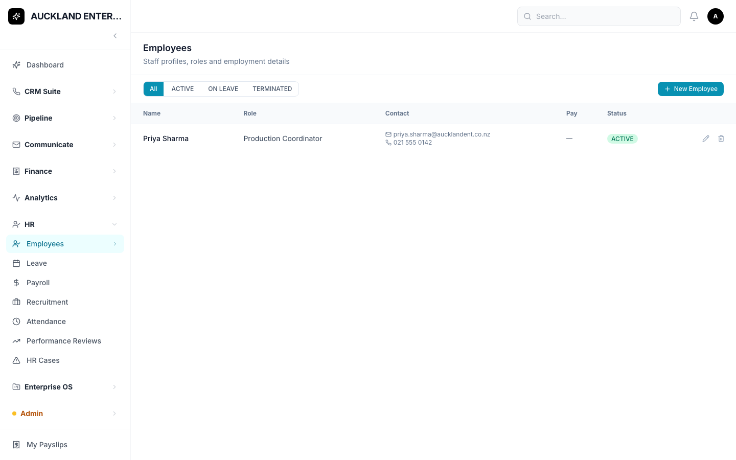 The Employees list, showing name, role, contact details and status